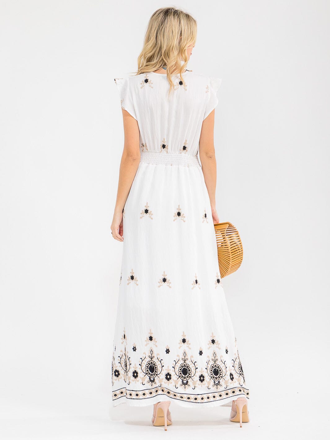 WOMEN'S SHORT RUFFLE SLEEVES SURPLICE ELASTIC WAIST EMBROIDERY MAXI DRESS