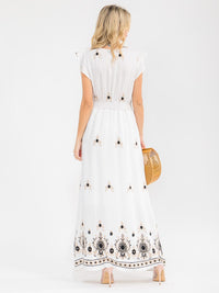 WOMEN'S SHORT RUFFLE SLEEVES SURPLICE ELASTIC WAIST EMBROIDERY MAXI DRESS