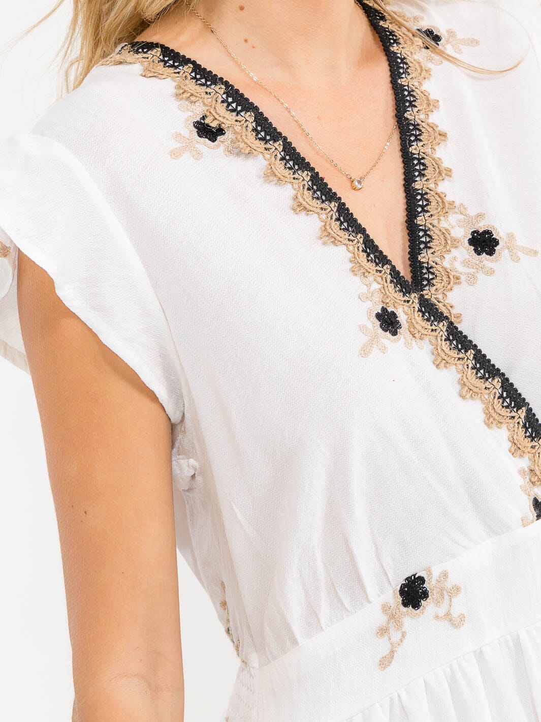 WOMEN'S SHORT RUFFLE SLEEVES SURPLICE ELASTIC WAIST EMBROIDERY MAXI DRESS