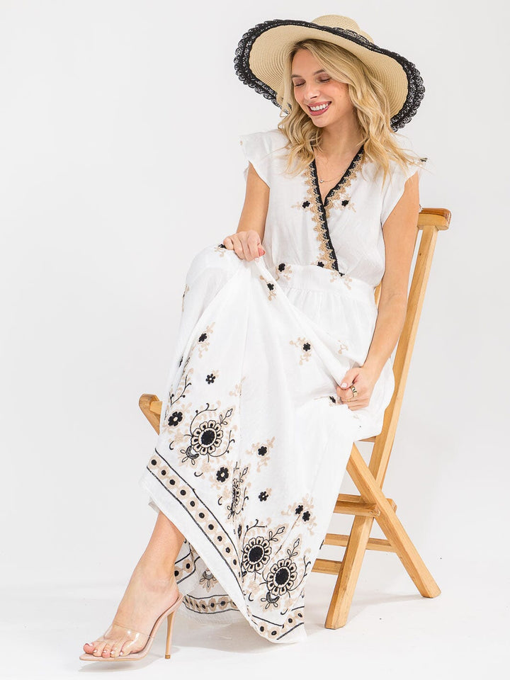 WOMEN'S SHORT RUFFLE SLEEVES SURPLICE ELASTIC WAIST EMBROIDERY MAXI DRESS