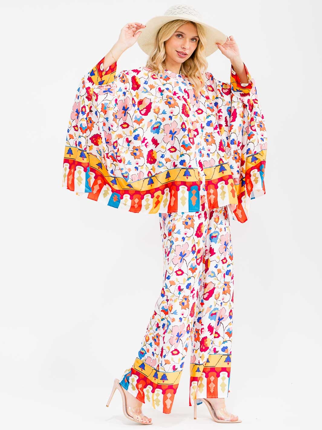 WOMEN'S LONG SLEEVE BLOUSE & ELASTIC WAIST PANTS FLORAL PRINT 2PC. SET