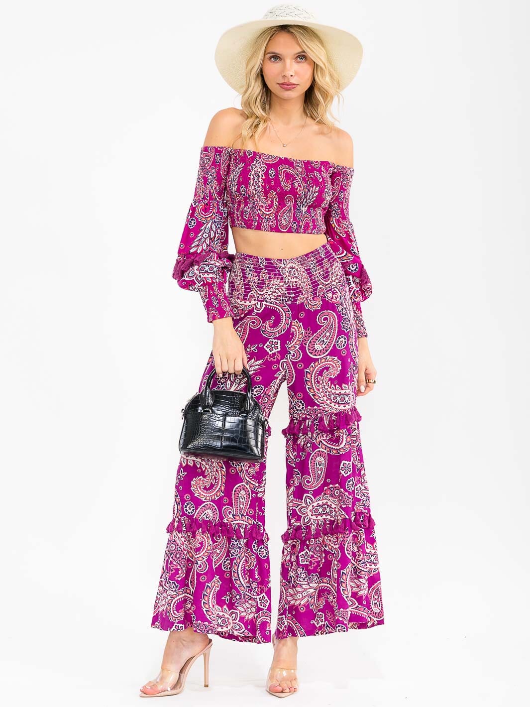 WOMEN'S OFF SHOULDER SMOCK PASILEY PRINT CROP TOP