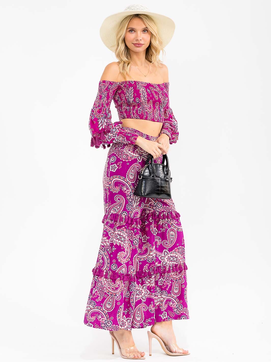 WOMEN'S SMOCK WAIST PAISLEY PRINT TIERED WIDE LEG PALAZZO PANTS
