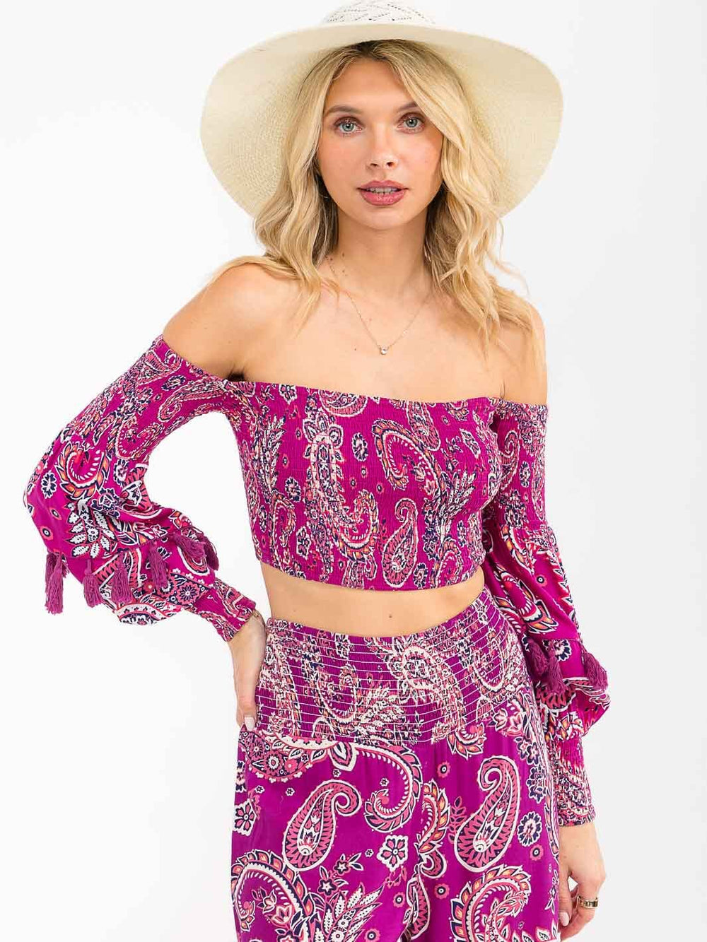 WOMEN'S OFF SHOULDER SMOCK PASILEY PRINT CROP TOP