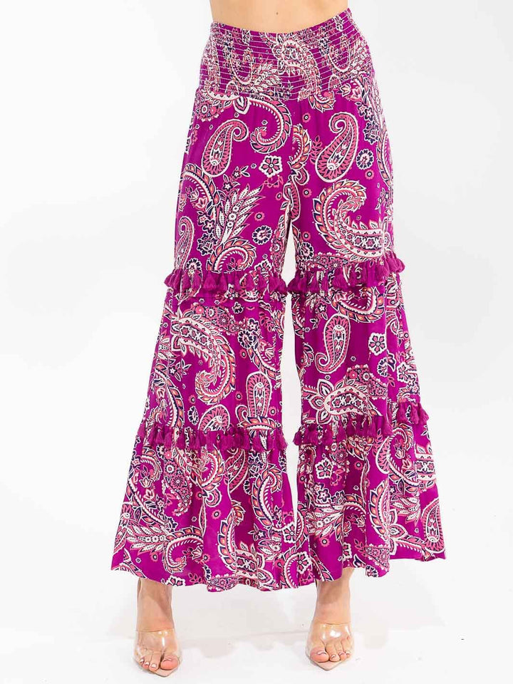 WOMEN'S SMOCK WAIST PAISLEY PRINT TIERED WIDE LEG PALAZZO PANTS