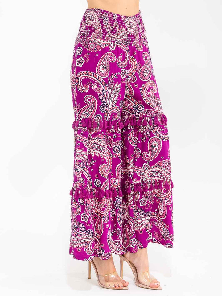 WOMEN'S SMOCK WAIST PAISLEY PRINT TIERED WIDE LEG PALAZZO PANTS