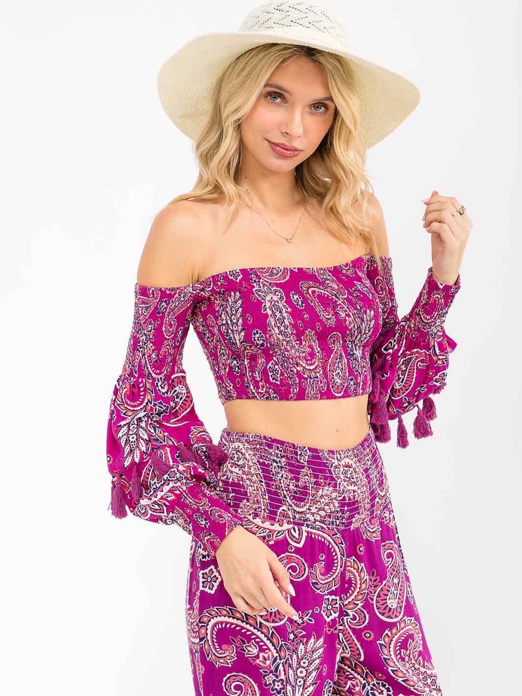 WOMEN'S OFF SHOULDER SMOCK PASILEY PRINT CROP TOP