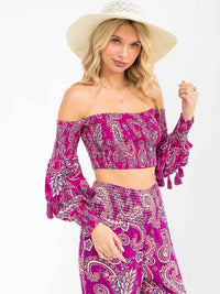 WOMEN'S OFF SHOULDER SMOCK PASILEY PRINT CROP TOP