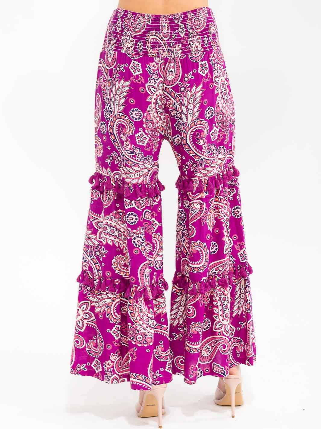 WOMEN'S SMOCK WAIST PAISLEY PRINT TIERED WIDE LEG PALAZZO PANTS