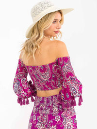 WOMEN'S OFF SHOULDER SMOCK PASILEY PRINT CROP TOP