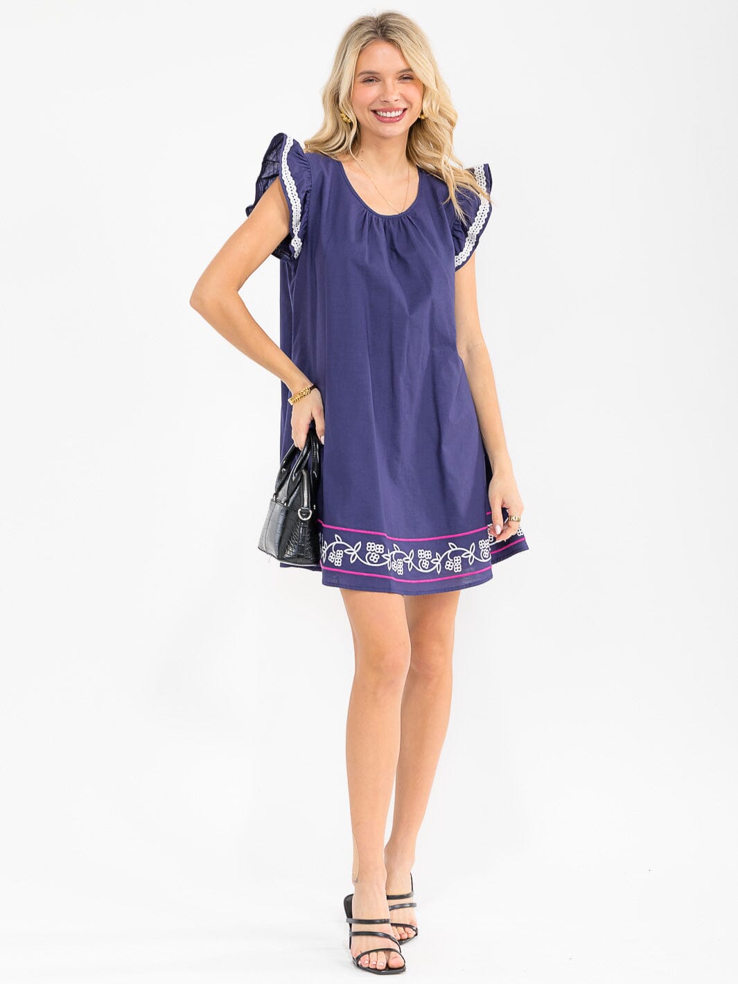 WOMEN'S RUFFLE SLEEVE TUNIC EMBROIDERY LINEN MINI DRESS