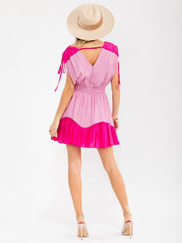 WOMEN'S SLEEVELESS FRONT POCKETS SMOCK WAIST TUNIC COLORBLOCK MINI DRESS