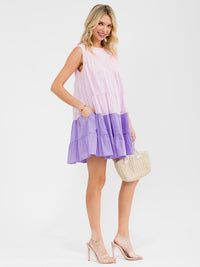 WOMEN'S SLEEVELESS FRONT POCKETS TIERED TUNIC COLORBLOCK MINI DRESS