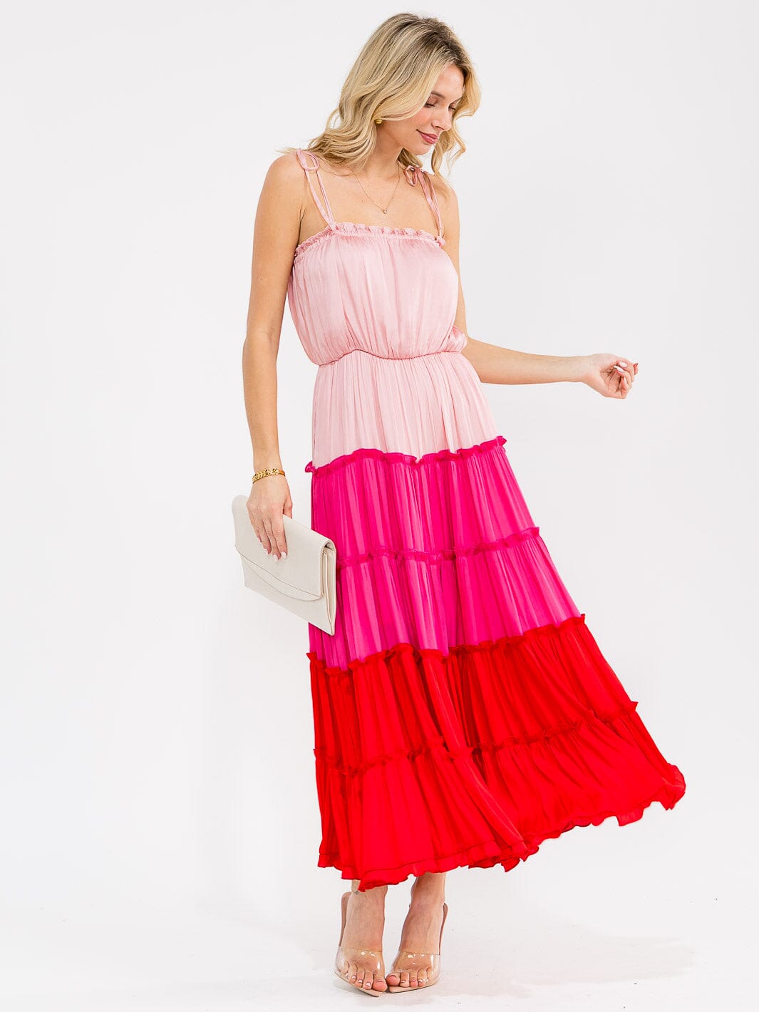 WOMEN'S SLEEVELESS FRONT POCKETS TIERED ELASTIC WAIST COLORBLOCK MAXI DRESS