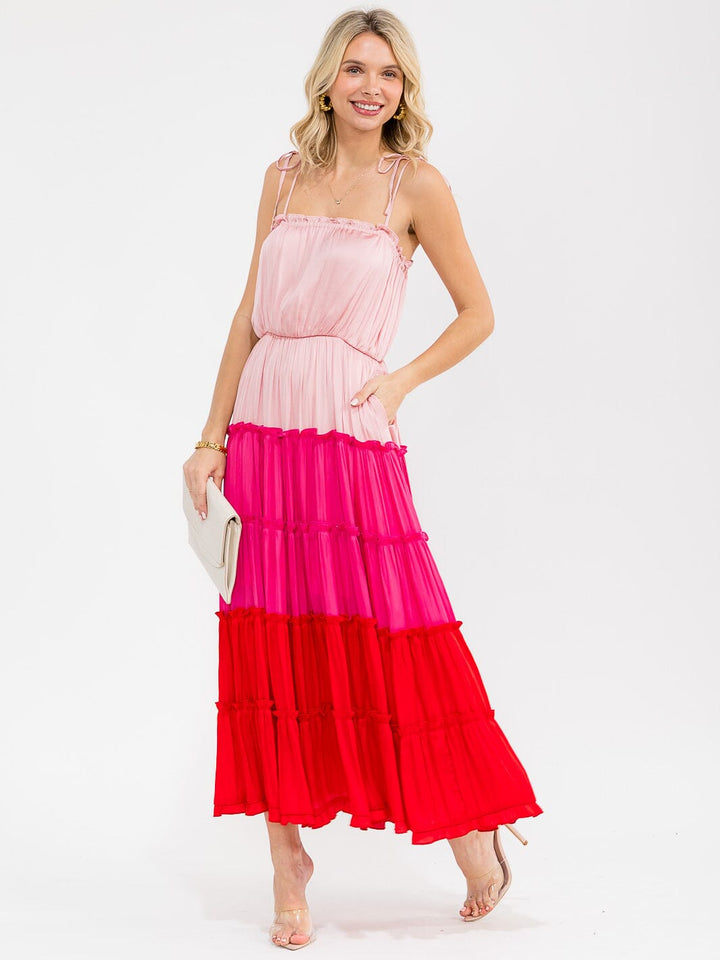WOMEN'S SLEEVELESS FRONT POCKETS TIERED ELASTIC WAIST COLORBLOCK MAXI DRESS