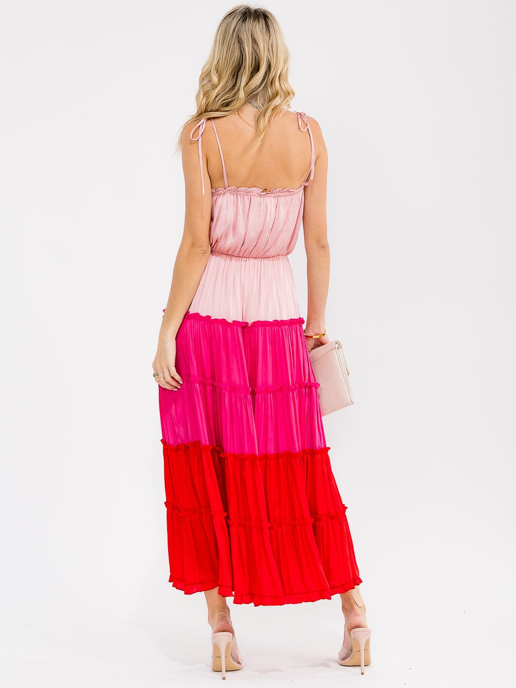 WOMEN'S SLEEVELESS FRONT POCKETS TIERED ELASTIC WAIST COLORBLOCK MAXI DRESS