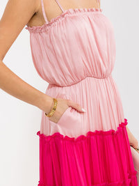 WOMEN'S SLEEVELESS FRONT POCKETS TIERED ELASTIC WAIST COLORBLOCK MAXI DRESS