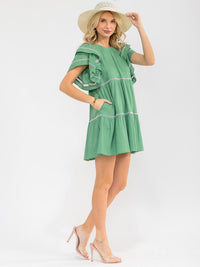 WOMEN'S SHORT RUFFLE SLEEVE FRONT POCKETS TUNIC EYELET TRIM LINEN MINI DRESS