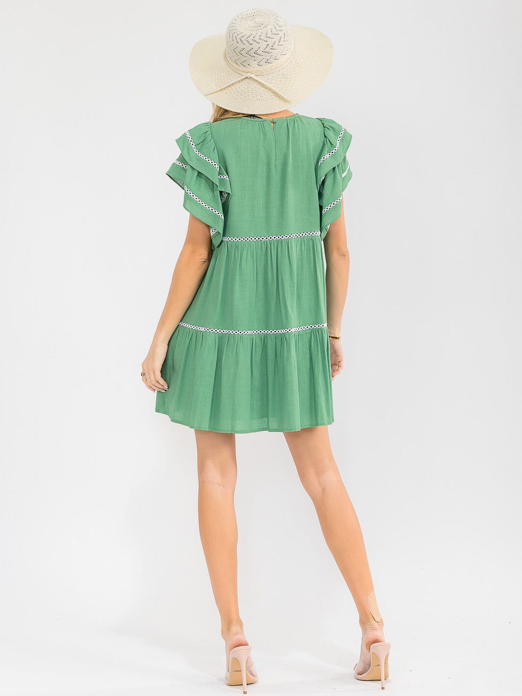 WOMEN'S SHORT RUFFLE SLEEVE FRONT POCKETS TUNIC EYELET TRIM LINEN MINI DRESS