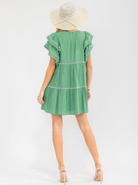 WOMEN'S SHORT RUFFLE SLEEVE FRONT POCKETS TUNIC EYELET TRIM LINEN MINI DRESS