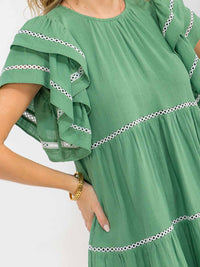 WOMEN'S SHORT RUFFLE SLEEVE FRONT POCKETS TUNIC EYELET TRIM LINEN MINI DRESS