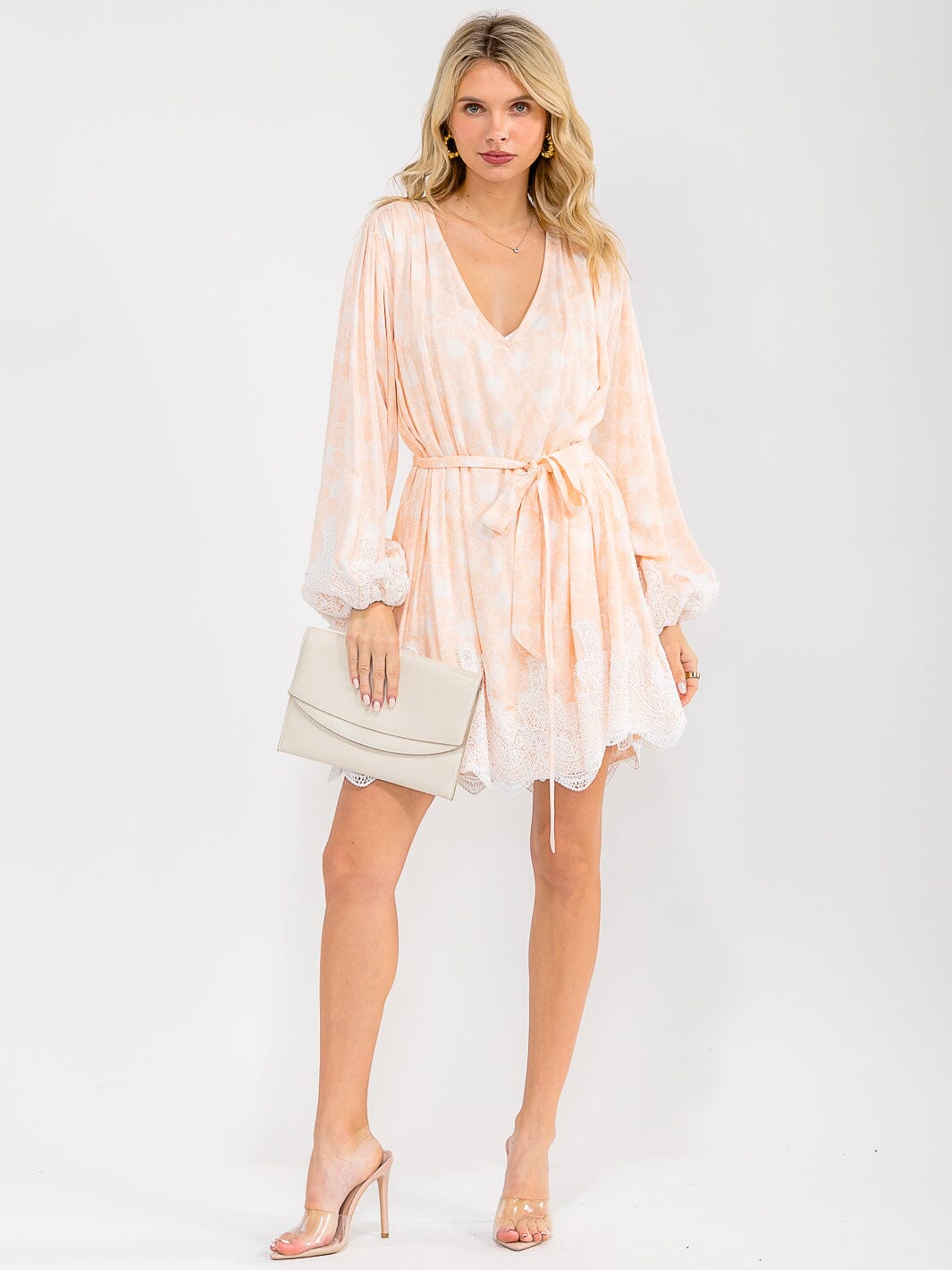 WOMEN'S LONG SLEEVE V-NECK SELF TIE CROCHET COLORBLOCK MINI DRESS