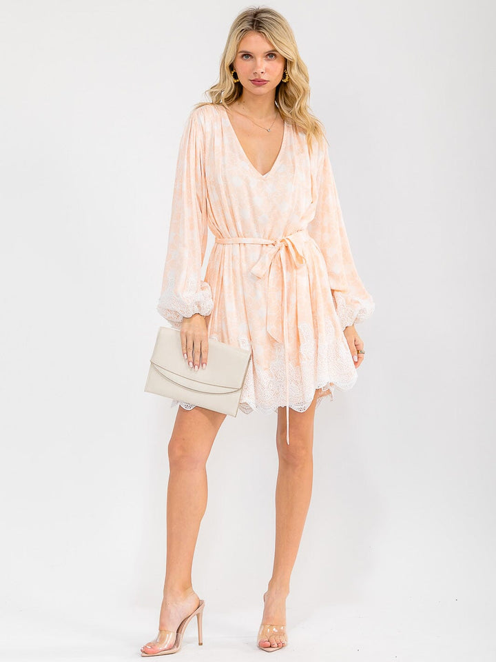 WOMEN'S LONG SLEEVE V-NECK SELF TIE CROCHET COLORBLOCK MINI DRESS