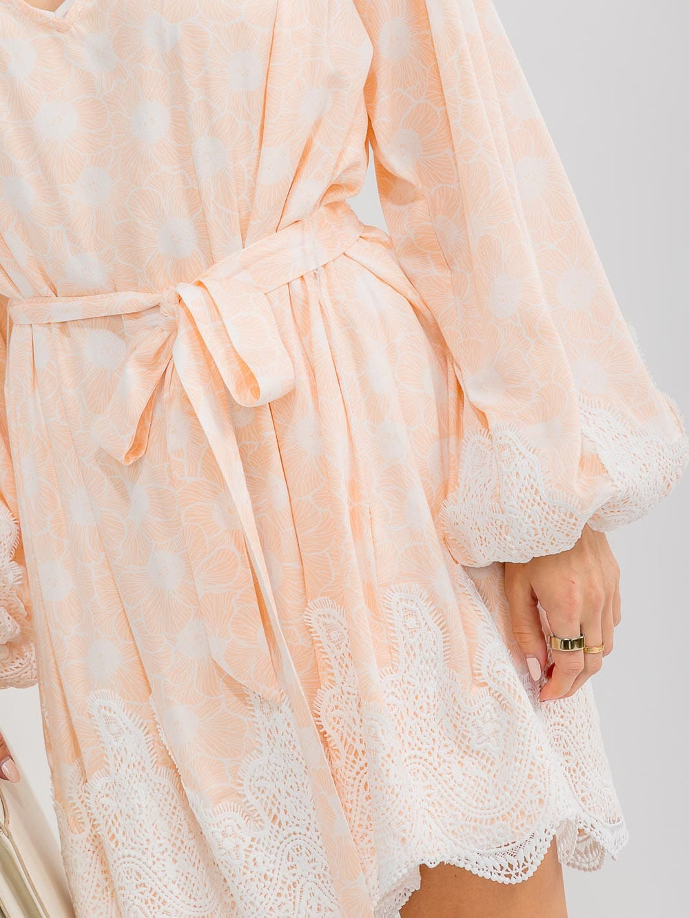 WOMEN'S LONG SLEEVE V-NECK SELF TIE CROCHET COLORBLOCK MINI DRESS