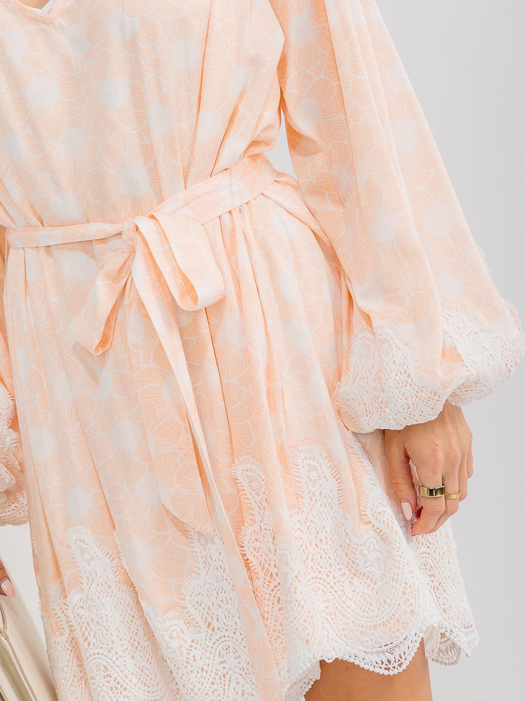 WOMEN'S LONG SLEEVE V-NECK SELF TIE CROCHET COLORBLOCK MINI DRESS