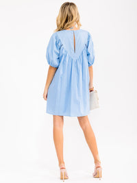 WOMEN'S SHORT PUFF SLEEVE FRONT POCKETS EMBROIDERY DETAILED TUNIC MINI DRESS