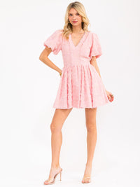 WOMEN'S SHORT PUFF SLEEVE FRONT POCKETS OPEN BACK FLORAL MINI DRESS