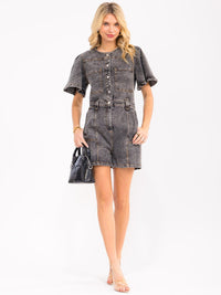 WOMEN'S SHORT SLEEVES BUTTON UP POCKETS WASHED DENIM ROMPER