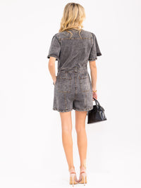 WOMEN'S SHORT SLEEVES BUTTON UP POCKETS WASHED DENIM ROMPER