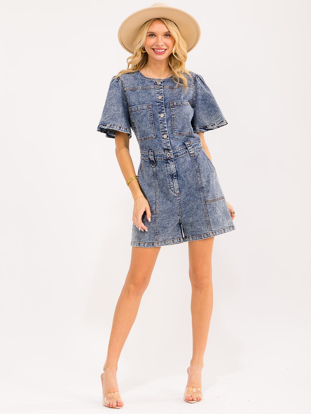 WOMEN'S SHORT SLEEVES BUTTON UP POCKETS WASHED DENIM ROMPER