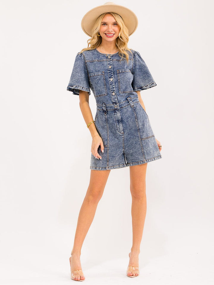 WOMEN'S SHORT SLEEVES BUTTON UP POCKETS WASHED DENIM ROMPER