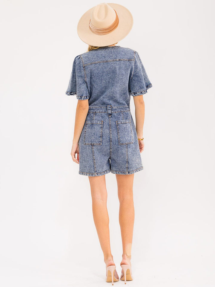 WOMEN'S SHORT SLEEVES BUTTON UP POCKETS WASHED DENIM ROMPER
