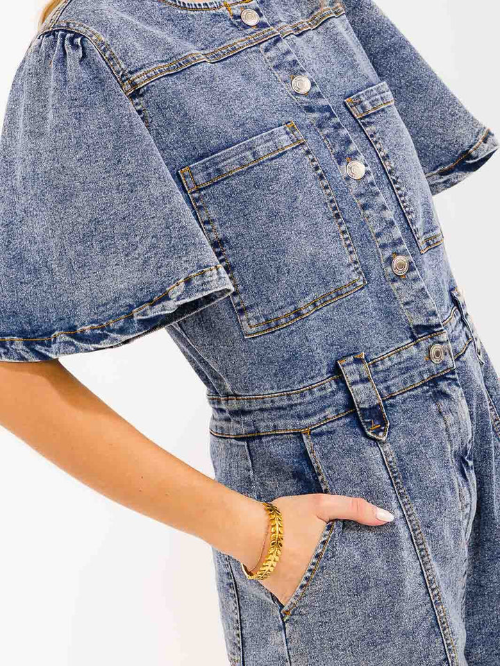 WOMEN'S SHORT SLEEVES BUTTON UP POCKETS WASHED DENIM ROMPER