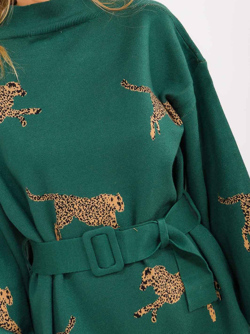 WOMEN'S LONG SLEEVE ANIMAL PRINT BELTED SWEATER MINI DRESS