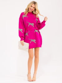 WOMEN'S LONG SLEEVE ANIMAL PRINT BELTED SWEATER MINI DRESS