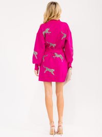 WOMEN'S LONG SLEEVE ANIMAL PRINT BELTED SWEATER MINI DRESS