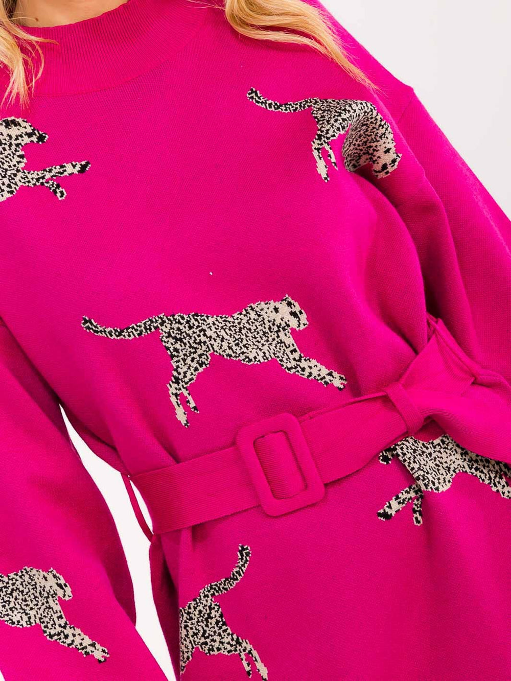 WOMEN'S LONG SLEEVE ANIMAL PRINT BELTED SWEATER MINI DRESS