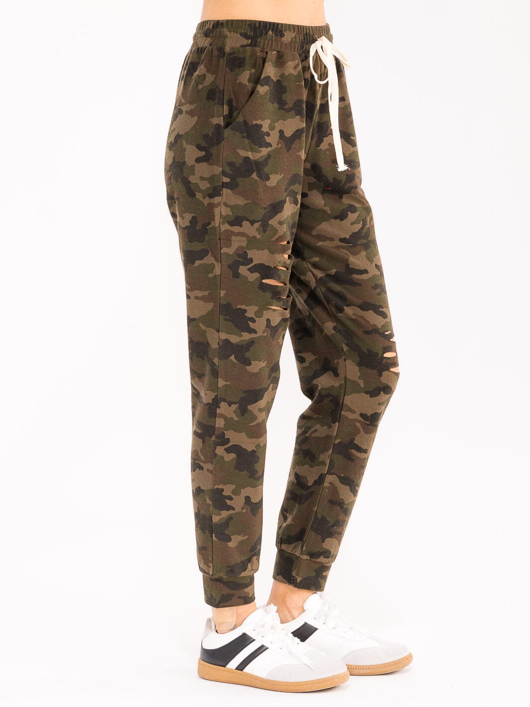 WOMEN'S ELASTIC WAIST POCKETS CAMO PRINT JOGGER LEG PANTS