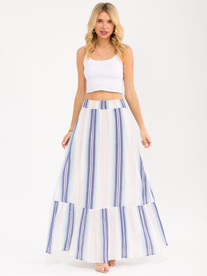 WOMEN'S ELASTIC WAIST MULTI STRIPES MAXI SKIRT