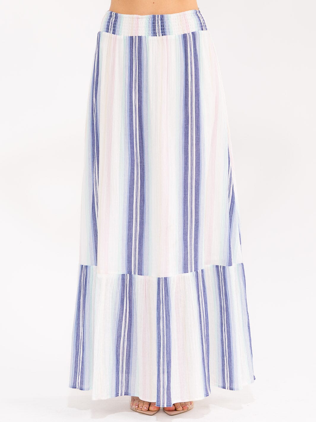 WOMEN'S ELASTIC WAIST MULTI STRIPES MAXI SKIRT