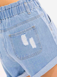 WOMEN'S BUTTON CLOSURE POCKETS DISTRESS DENIM MINI SHORTS