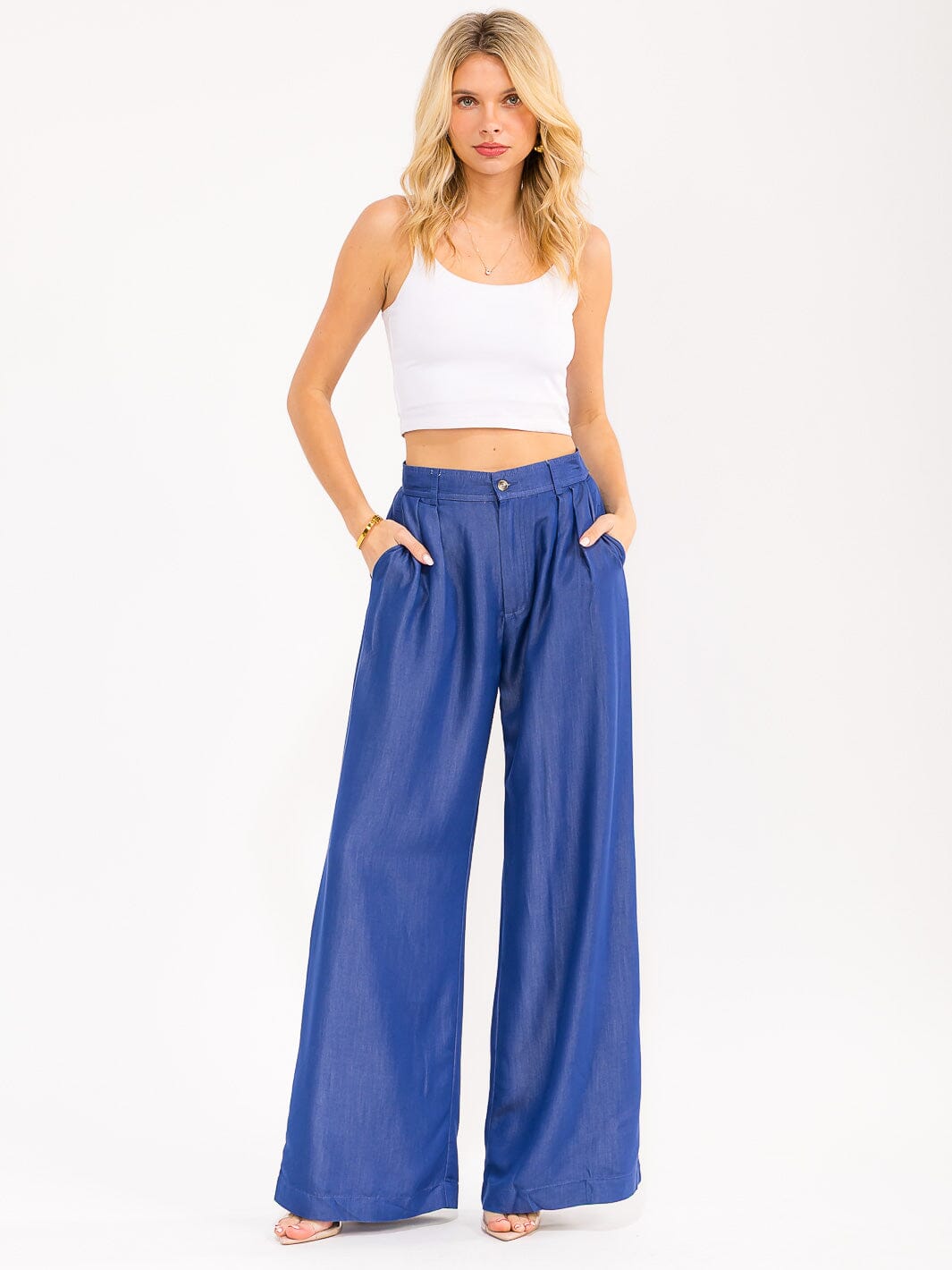 WOMEN'S BUTTON CLOSURE POCKETS WIDE LEG CHAMBRAY PALAZZO PANTS