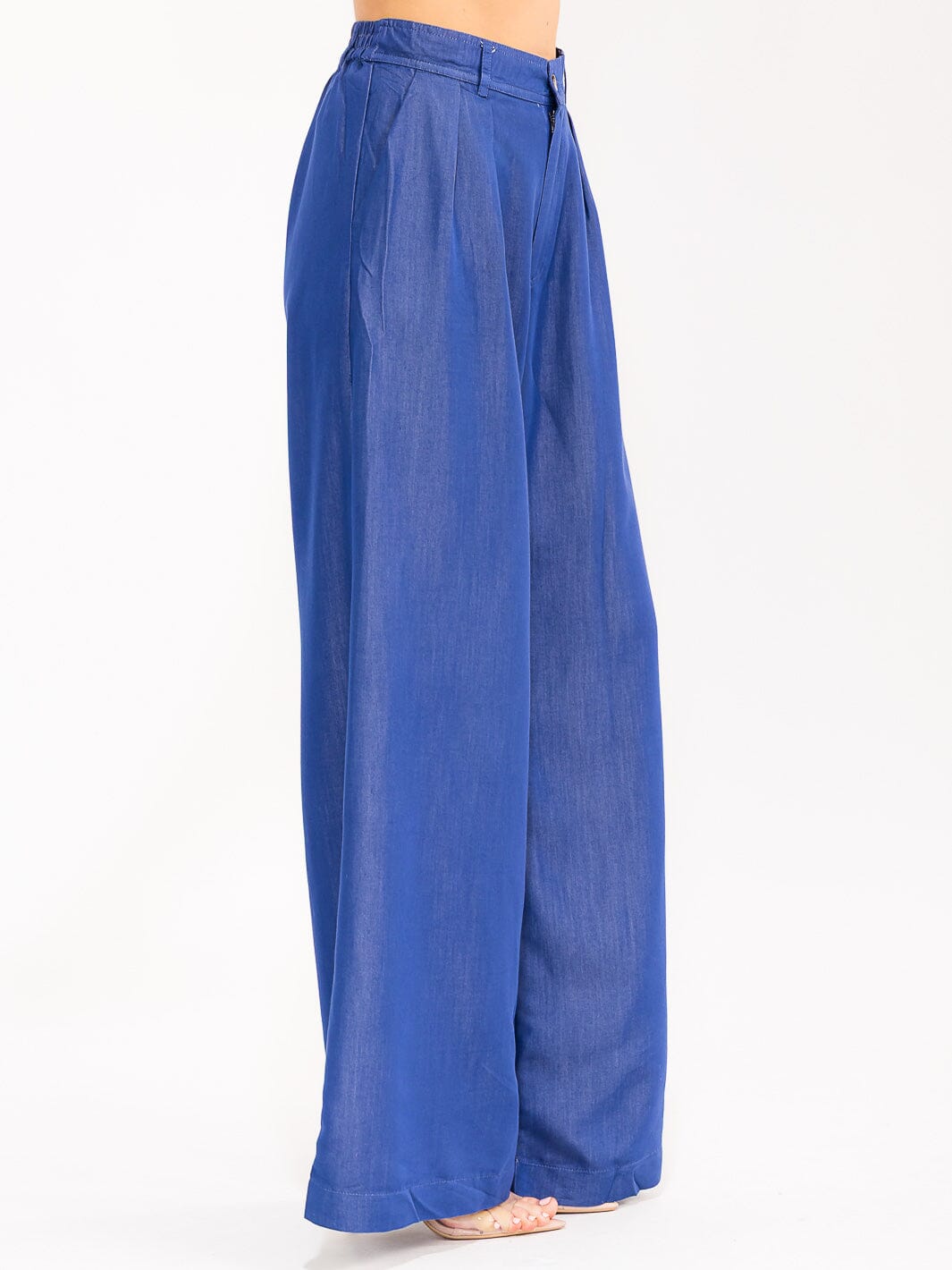 WOMEN'S BUTTON CLOSURE POCKETS WIDE LEG CHAMBRAY PALAZZO PANTS