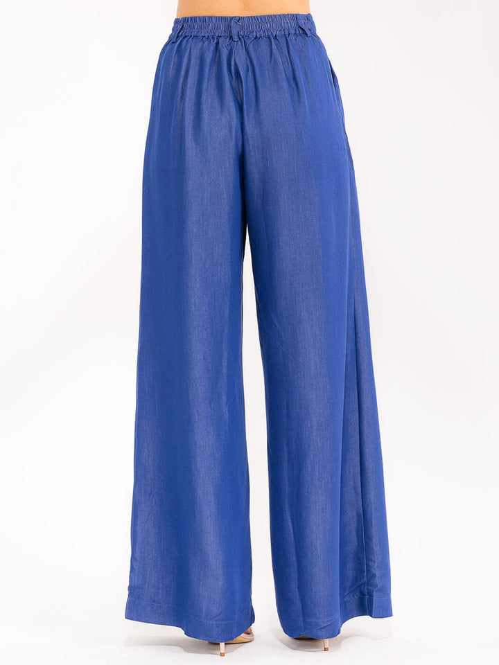 WOMEN'S BUTTON CLOSURE POCKETS WIDE LEG CHAMBRAY PALAZZO PANTS