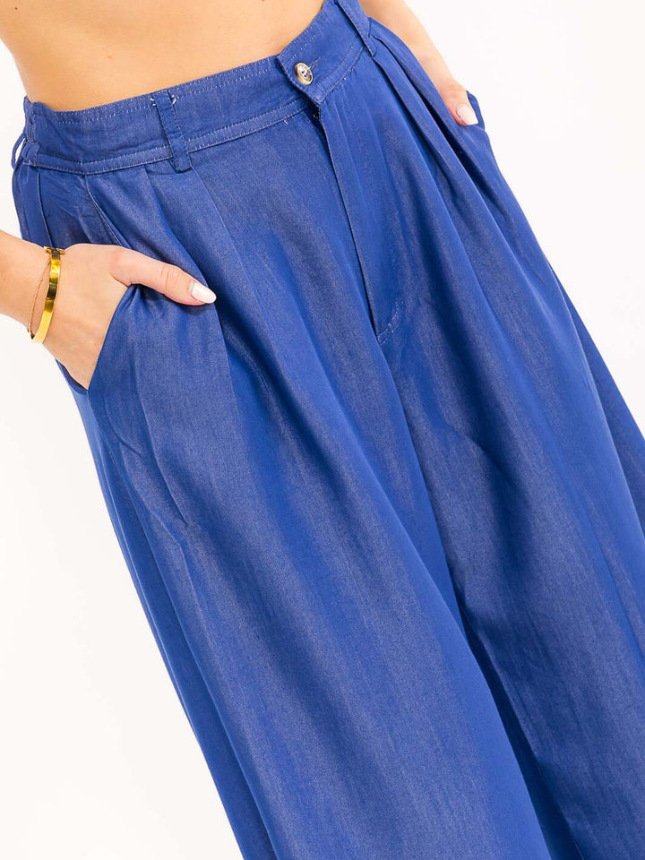 WOMEN'S BUTTON CLOSURE POCKETS WIDE LEG CHAMBRAY PALAZZO PANTS