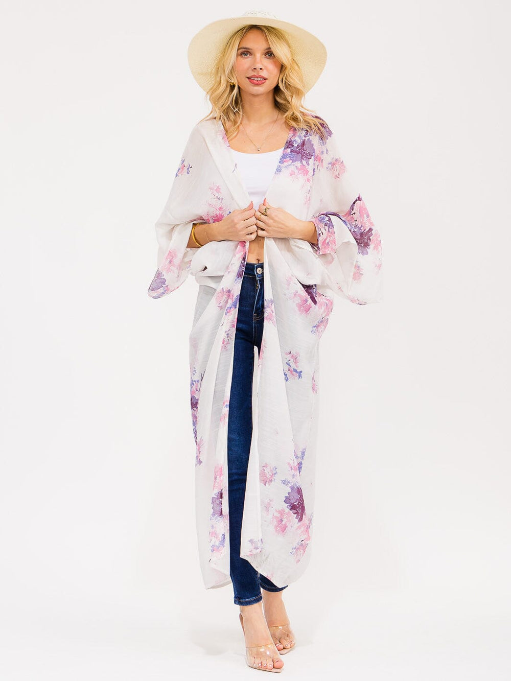 WOMEN'S SHORT SLEEVE OPEN FRONT FLORAL KIMONO
